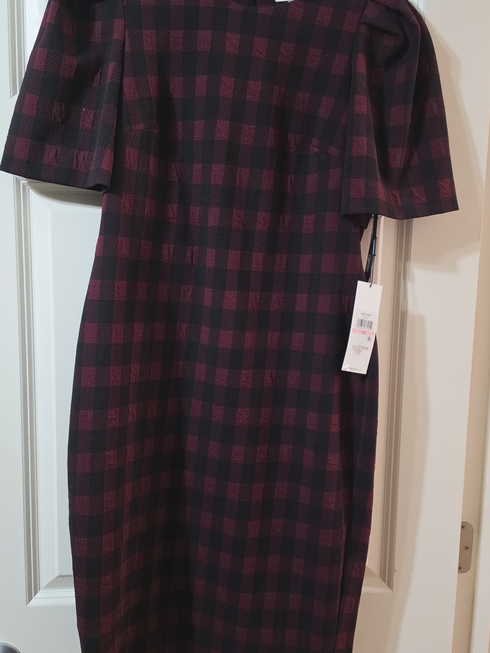 Calvin Klein Burgundy and Black Check Midi Sheath Dress Size 10